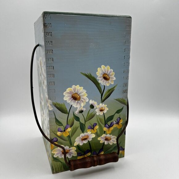 Vtg 90s Wood Flower Bucket Planter Daisy Pansies 11" Hand Painted Blue Green - Picture 1 of 7